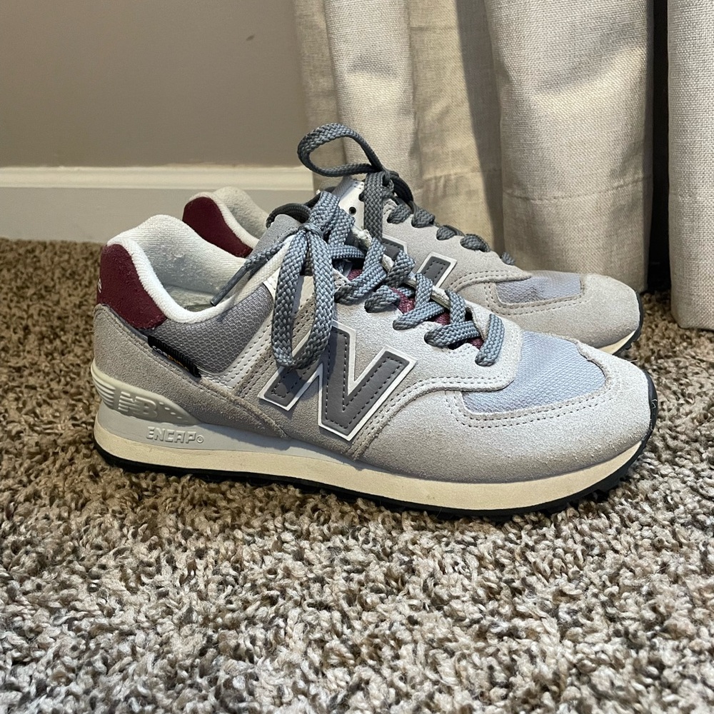 New Balance 574 Gray with Burgundy Accent Sneakers